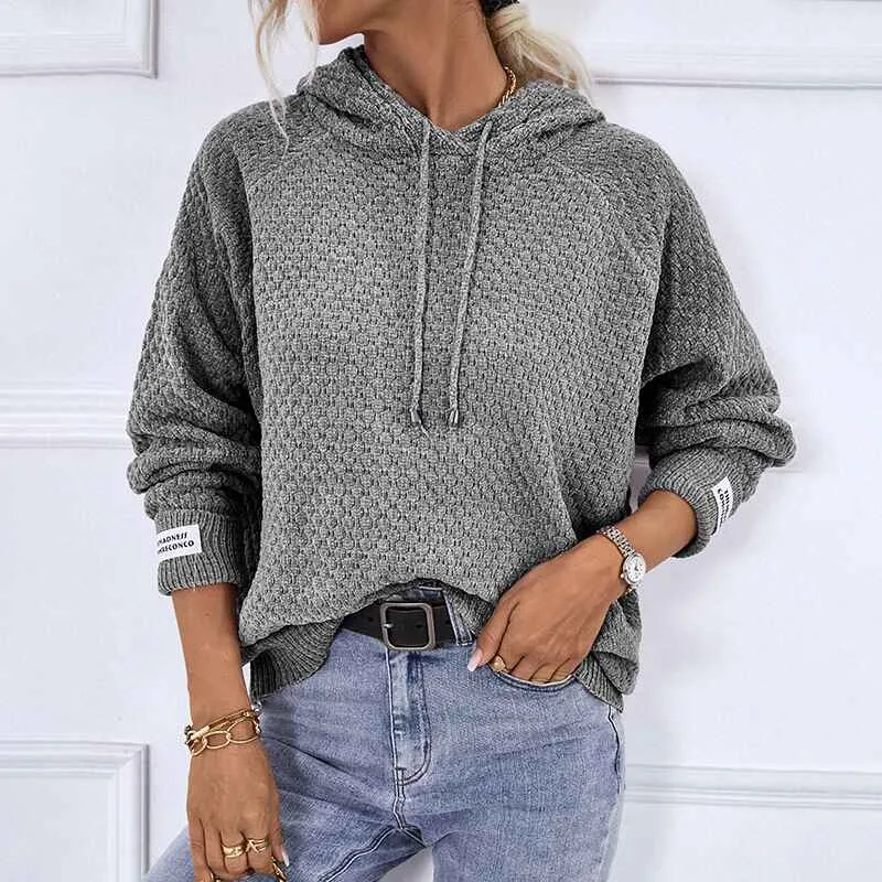 Women Pullover Sweater Hoodies Casual V Neck Knitted Long Sleeve Hooded Sweaters K419