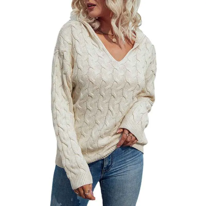 Women V Neck Pullover Long Sleeve Cable Knit Casual Hoodies Fall Winter Lightweight Sweatshirts Hooded Sweater K255