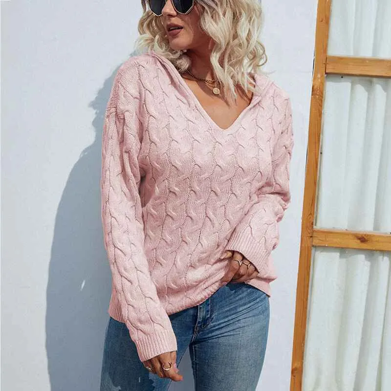 Women V Neck Pullover Long Sleeve Cable Knit Casual Hoodies Fall Winter Lightweight Sweatshirts Hooded Sweater K255