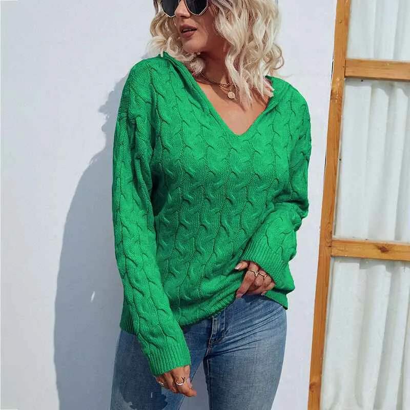 Women V Neck Pullover Long Sleeve Cable Knit Casual Hoodies Fall Winter Lightweight Sweatshirts Hooded Sweater K255