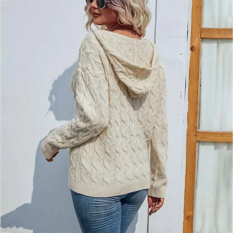 Women V Neck Pullover Long Sleeve Cable Knit Casual Hoodies Fall Winter Lightweight Sweatshirts Hooded Sweater K255