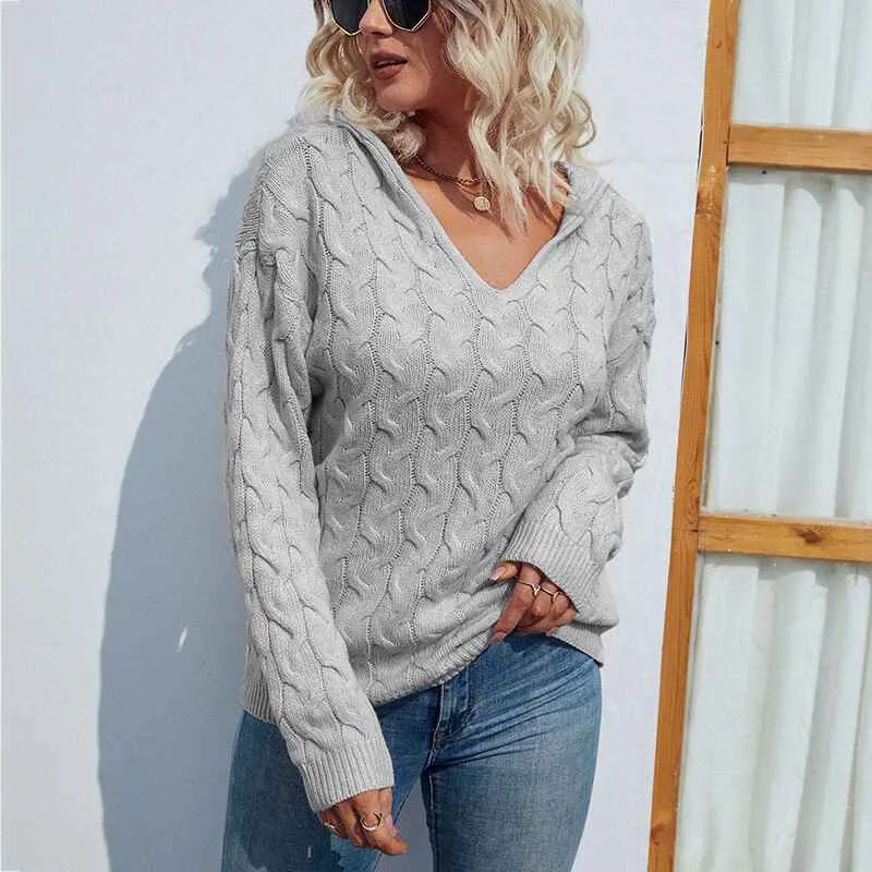 Women V Neck Pullover Long Sleeve Cable Knit Casual Hoodies Fall Winter Lightweight Sweatshirts Hooded Sweater K255