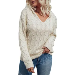 Women V Neck Pullover Long Sleeve Cable Knit Casual Hoodies Fall Winter Lightweight Sweatshirts Hooded Sweater K255