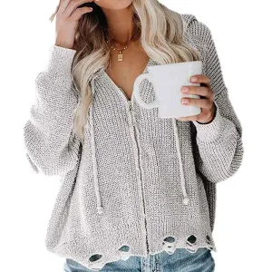 Women Zip Up Knit Hoodies Long Sleeve Drawstring Cardigans Sweaters Basic Autumn Winter Hooded Sweatshirts Outwear K029
