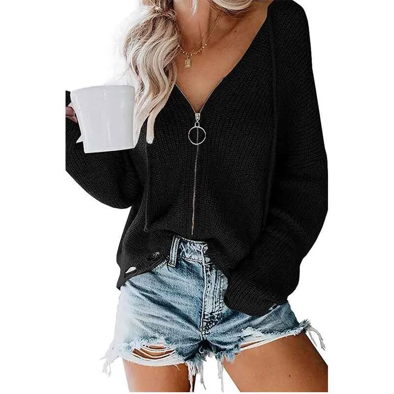 Women Zip Up Knit Hoodies Long Sleeve Drawstring Cardigans Sweaters Basic Autumn Winter Hooded Sweatshirts Outwear K029