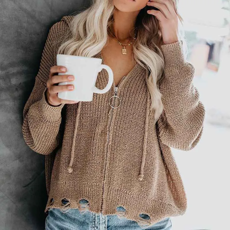 Women Zip Up Knit Hoodies Long Sleeve Drawstring Cardigans Sweaters Basic Autumn Winter Hooded Sweatshirts Outwear K029