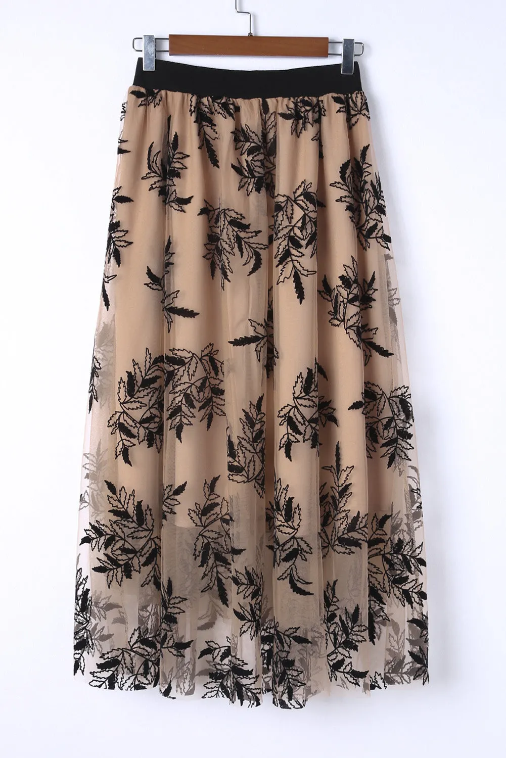 Womens Black Leaves Embroidered Maxi Skirt