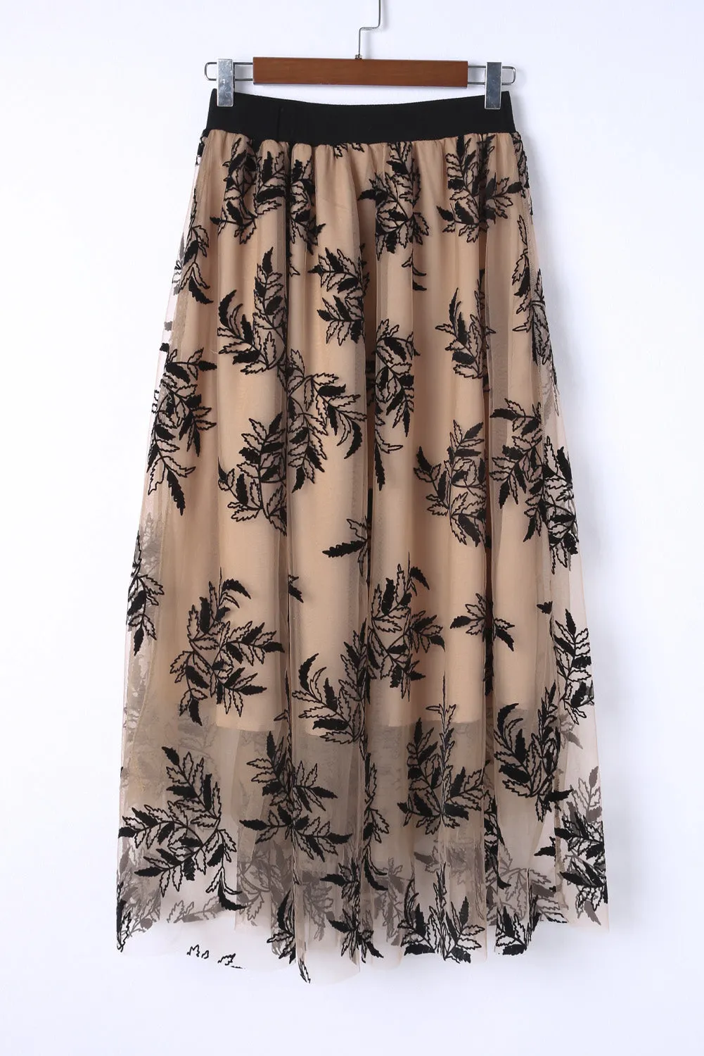 Womens Black Leaves Embroidered Maxi Skirt