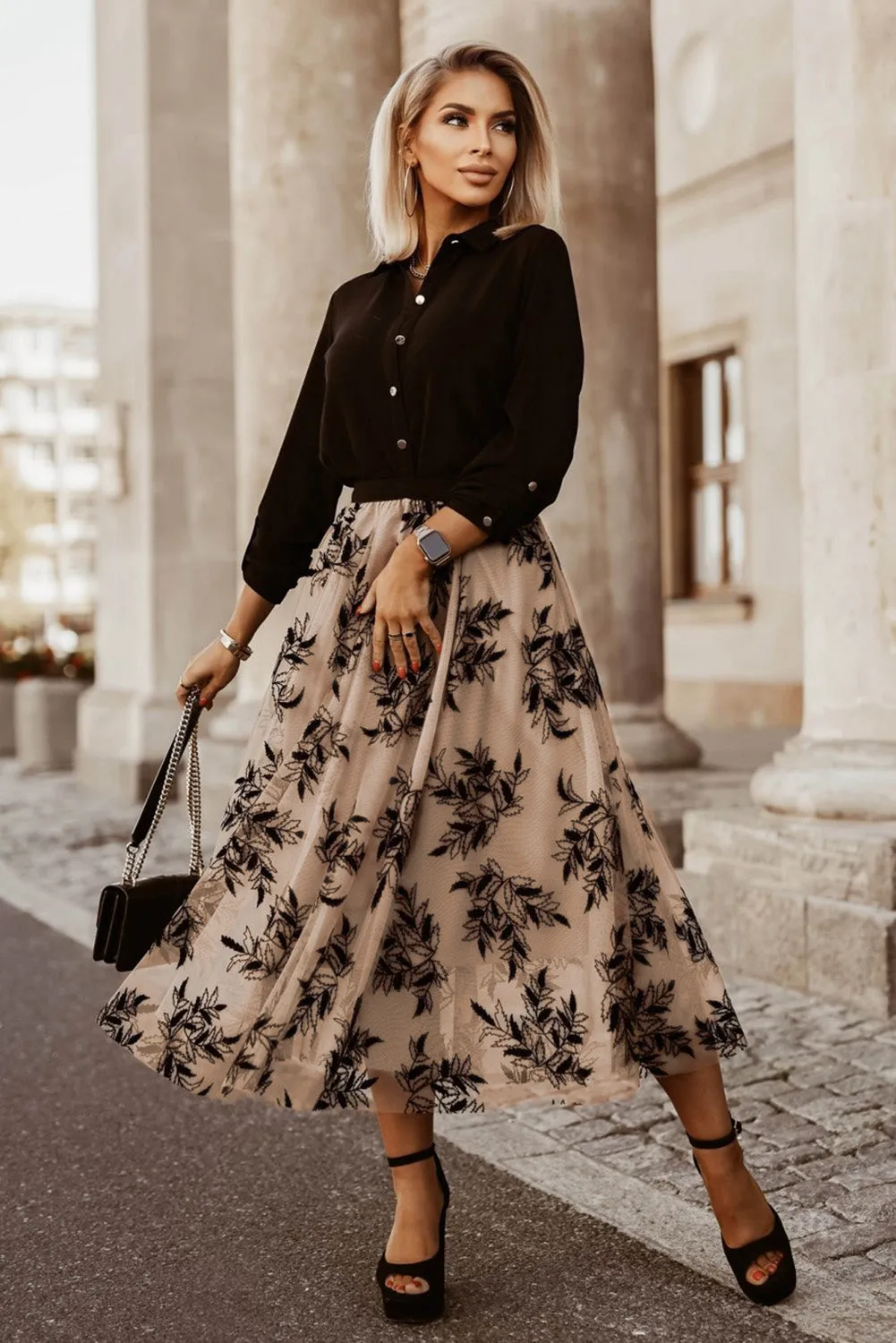 Womens Black Leaves Embroidered Maxi Skirt