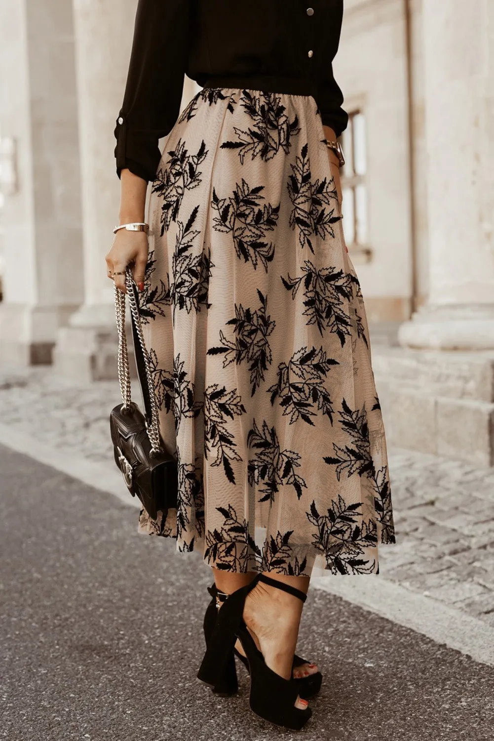 Womens Black Leaves Embroidered Maxi Skirt