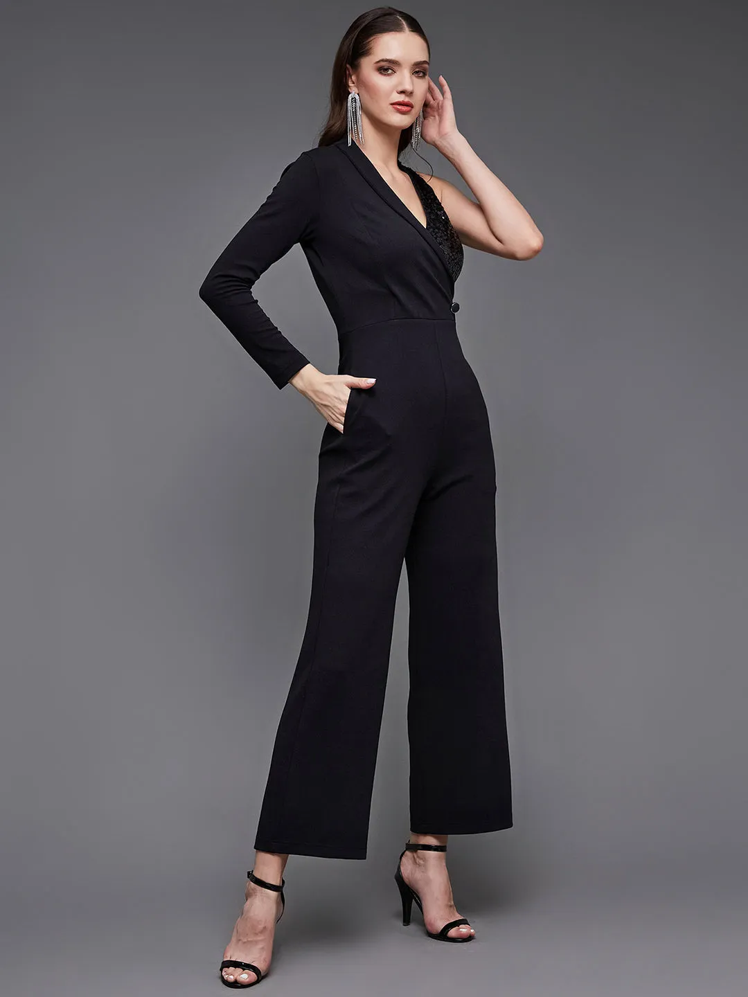 Women's Black Sequined Shawl Collar Asymmetric Blazer Style Slim Fit Party Jumpsuit