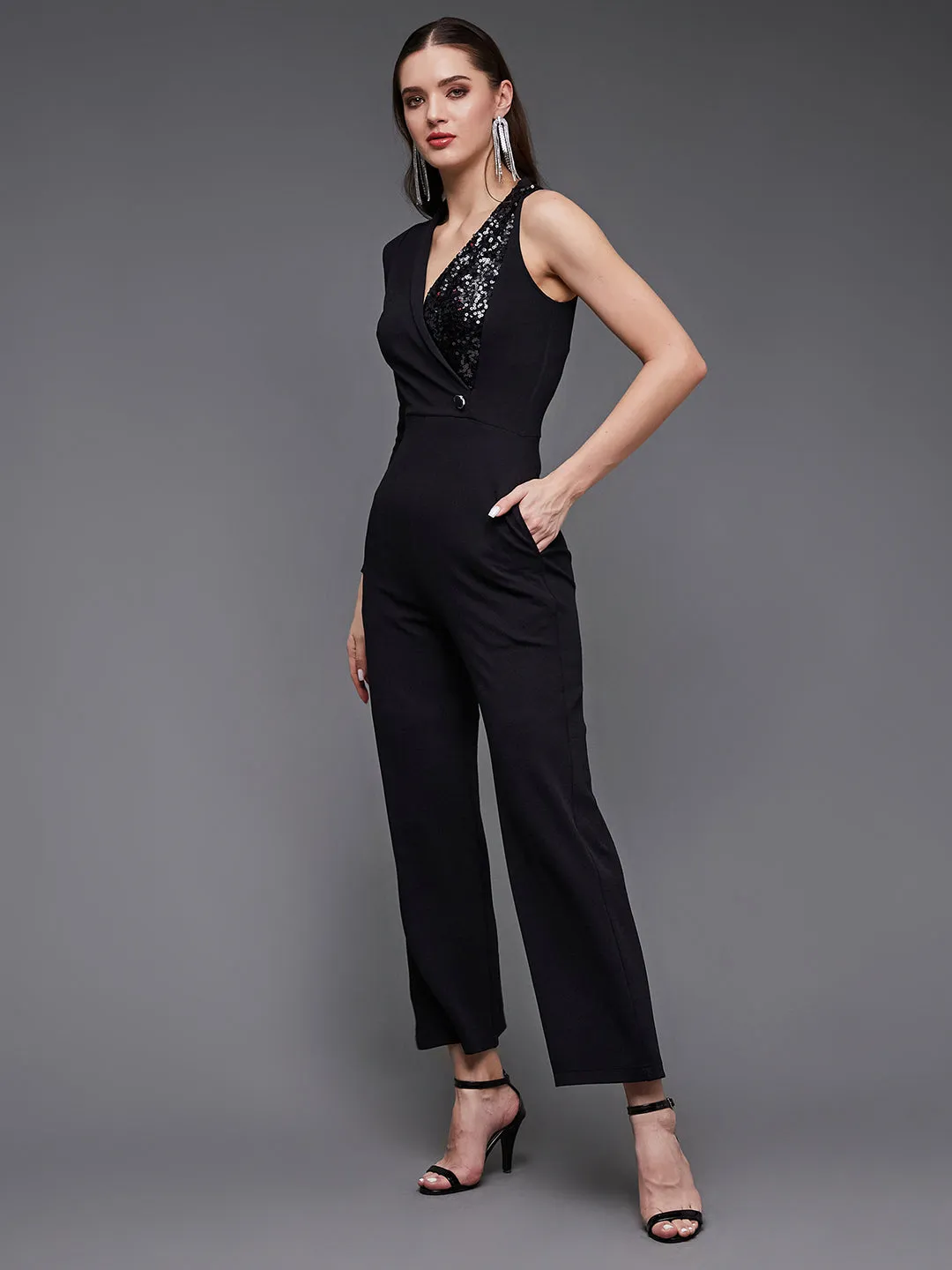 Women's Black Sequined Shawl Collar Asymmetric Blazer Style Slim Fit Party Jumpsuit