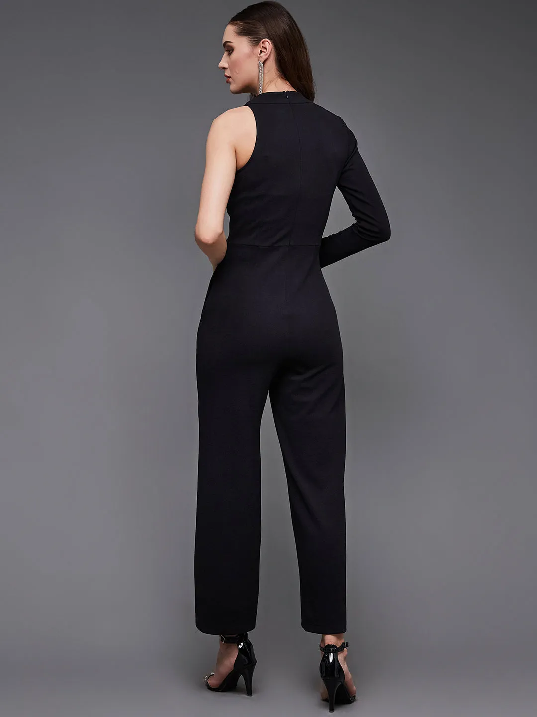 Women's Black Sequined Shawl Collar Asymmetric Blazer Style Slim Fit Party Jumpsuit