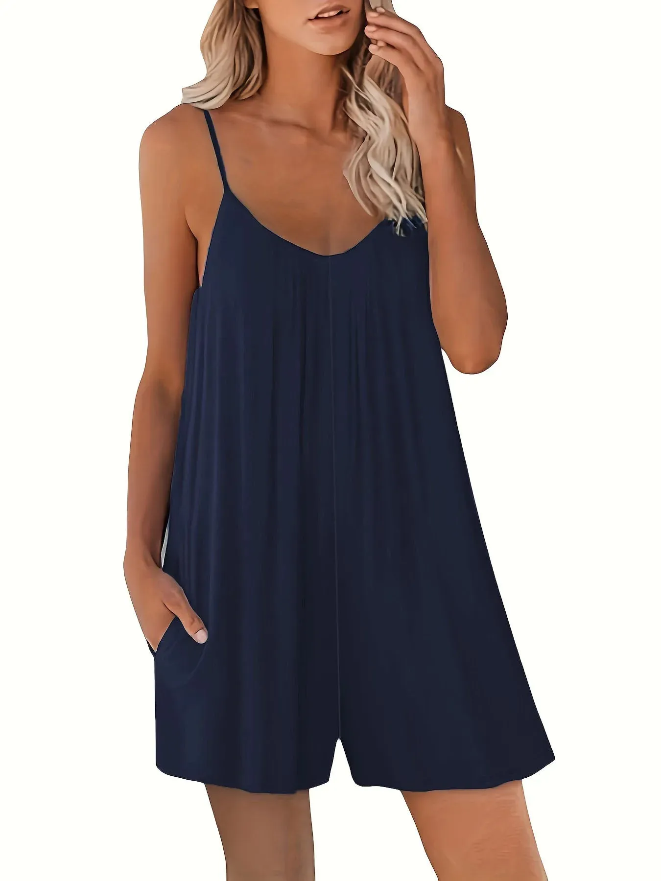 Women's Casual Strap Shorts  Solid Round Neck Loose Pocket Jumpsuit