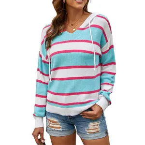 Women's Color Block Lightweight Hooded Sweater Drawstring Hoodies Pullover Sweatshirts K179