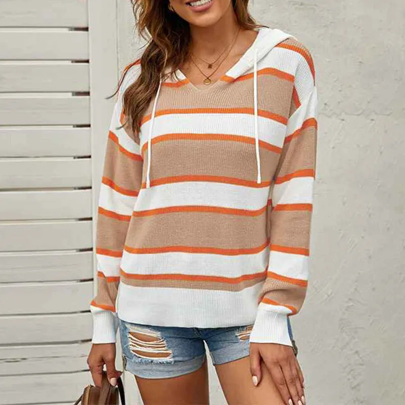 Women's Color Block Lightweight Hooded Sweater Drawstring Hoodies Pullover Sweatshirts K179