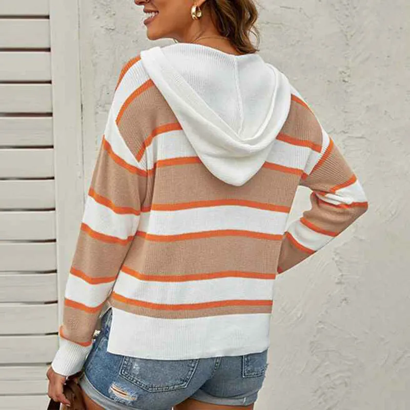 Women's Color Block Lightweight Hooded Sweater Drawstring Hoodies Pullover Sweatshirts K179