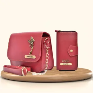 Women's Combo : Premium Lady Wallet & Chained Sling Bag - Wine